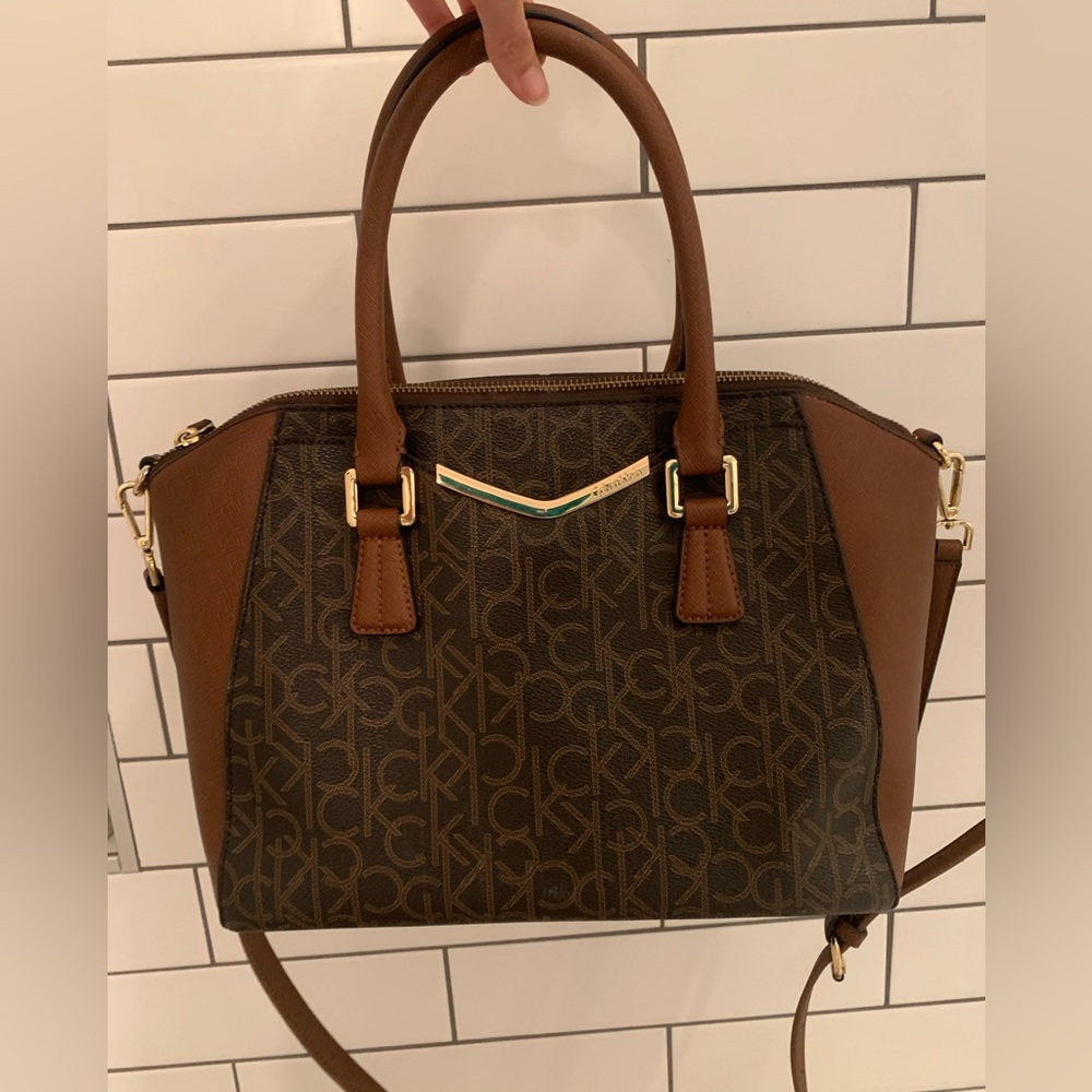 Like New-Calvin Klein Monogram handbag with strap- Brown Leather